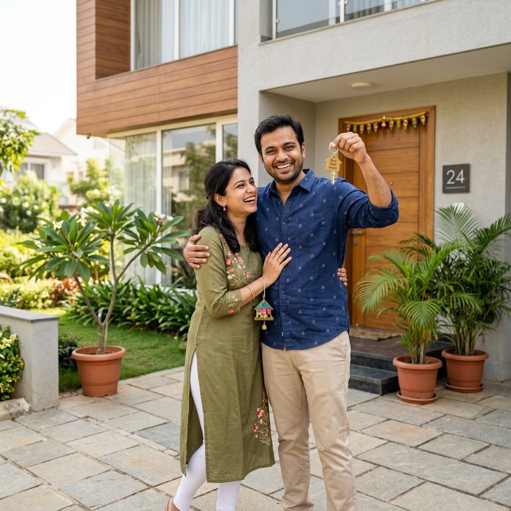 Young Indian couple celebrating their new home