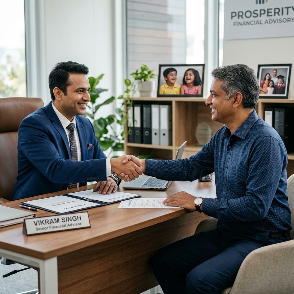 Father meeting a financial advisor to plan his family's future